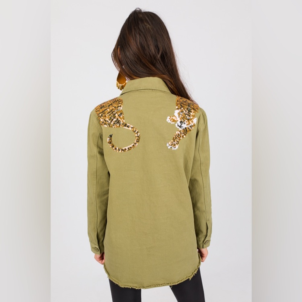 {SOLD} SEQUIN TIGER CARGO POCKET FRONT UTILITY JACKET - OLIVE - Picture 11 of 12